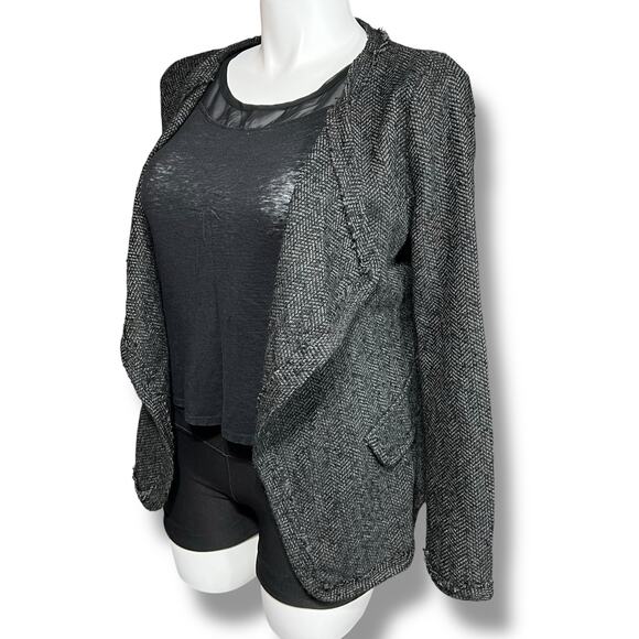 Depri Womens Tweed Blazer Jacket Open Front Long Sleeve Tailored Gray Black Larg - Picture 1 of 9